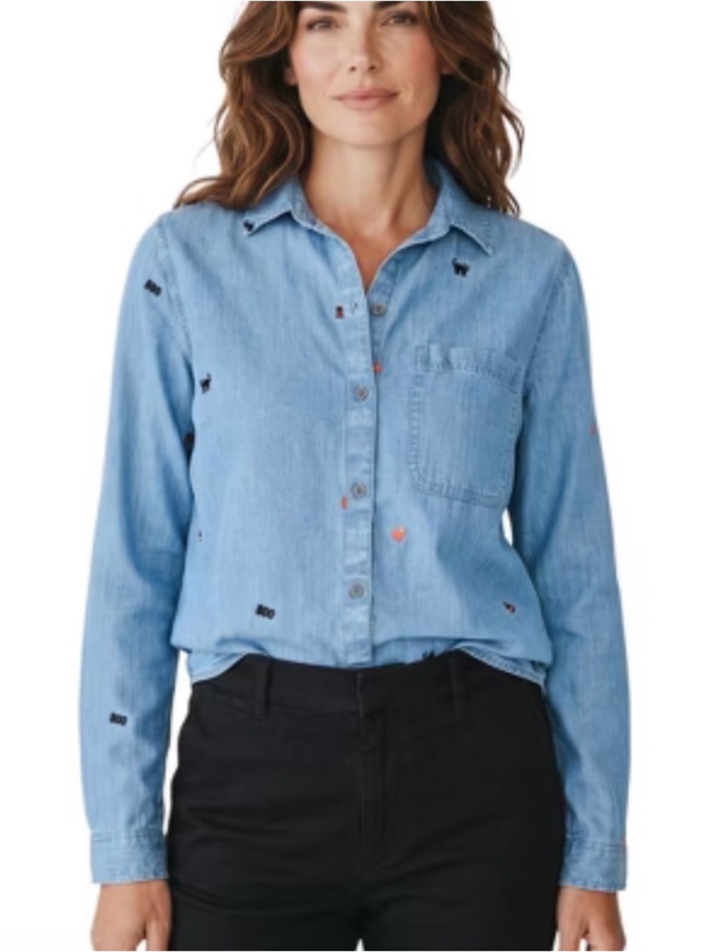 BeachLunchLounge Blue Chambray Halloween Embroidered Theme Long Sleeve Shirt NEW